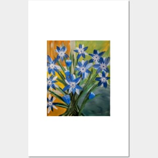 blue flowers paint on a Bush set against a colorblock background. . Posters and Art